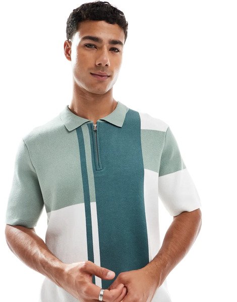  Threadbare Polo Color Crudo Y Verde De Manga Corta Con Cremallera Corta Y Estampado Abstracto De Punto De Threadbare 