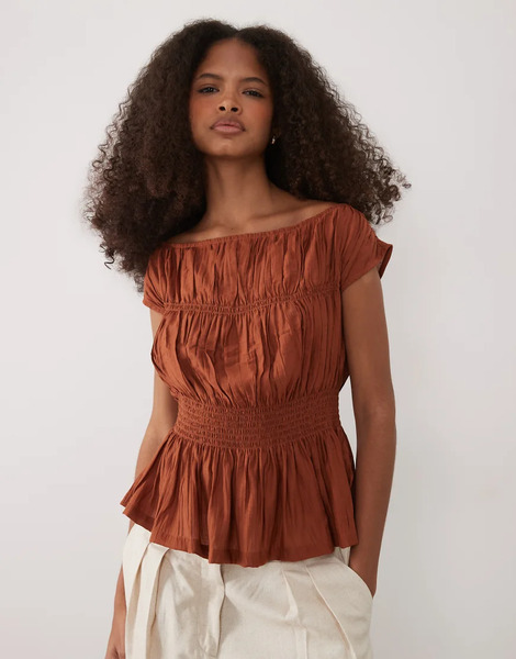  Threadbare Top Color óxido Fruncido Con Mangas De Casquillo De Threadbare-naranja 