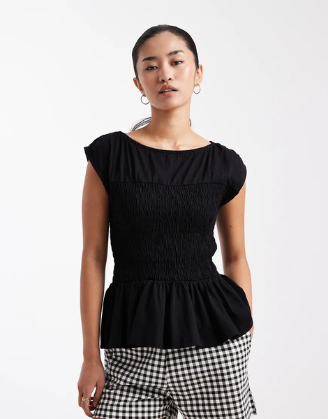  Threadbare Top Negro Fruncido Con Mangas De Casquillo De Punto Liso De Threadbare 