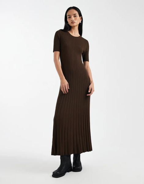  Threadbare Vestido Largo Marrón Chocolate De Manga Corta De Punto De Threadbare-brown 