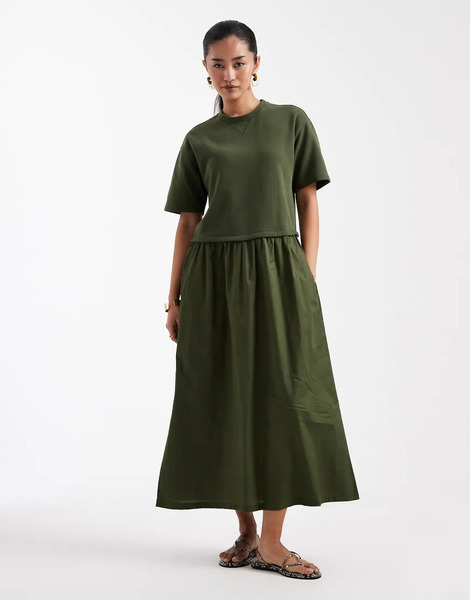  Threadbare Vestido Midi Caqui De Manga Corta De Popelina De Threadbare-verde 