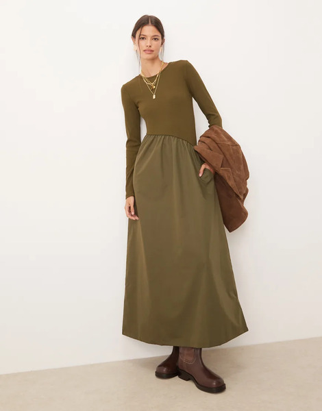  Threadbare Vestido Midi Caqui De Manga Larga Con Falda De Popelina De Threadbare-verde 