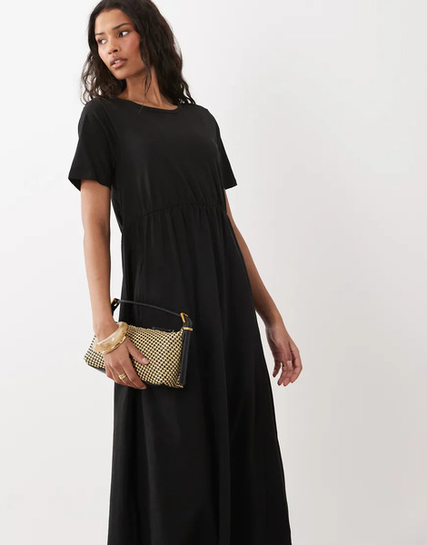  Threadbare Threadbare - Vestido Midi Negro De Manga Corta De Popelina 