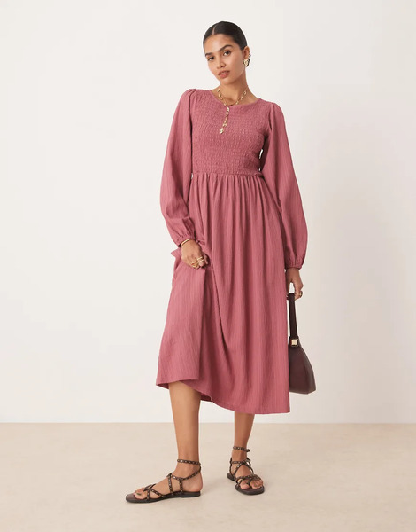  Threadbare Vestido Midi Rosa Con Diseño Fruncido Y Mangas Abullonadas De Threadbare 