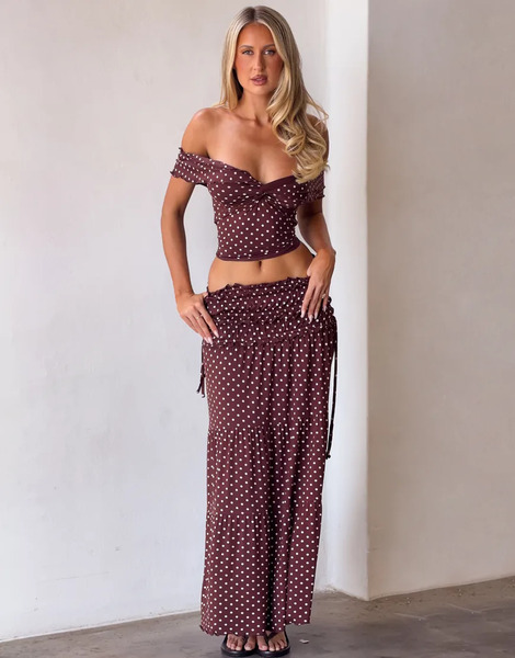  Tiger Mist Falda Larga Marrón Fruncida Con Estampado De Lunares Y Cintura Baja Denali De Tiger Mist (parte De Un Conjunto) 