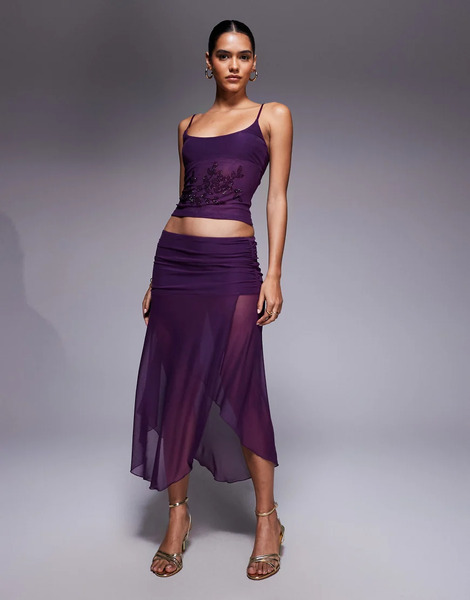  Tiger Mist Falda Larga Morada Ceñida Con Detalle Cruzado Y Bajo Asimétrico Transparente Mariana De Tiger Mist (parte De Un Conjunto)-morado 