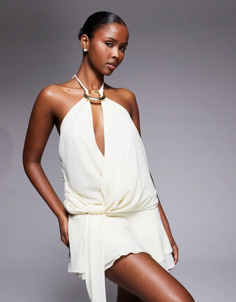  Tiger Mist Vestido Corto Blanco Con Cuello Halter, Diseño Multiposición Y Lazada Lateral Drapeada Indigo 2.0 De Tiger Mist 
