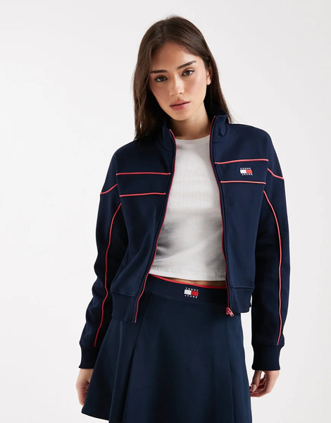  Tommy Jeans Chaqueta Azul Marino Con Cremallera, Ribetes Y Parche Del Logo De Tommy Jeans (parte De Un Conjunto) 