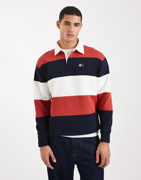  Tommy Jeans Jersey Rojo, Azul Marino Y Blanco A Rayas Holgado De Estilo Rugby Con Logo De Bandera De Tommy Jeans 