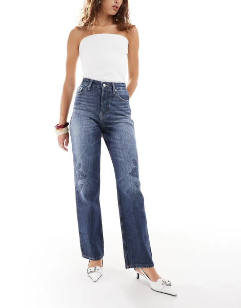  Tommy Jeans Vaqueros De Talle Alto Y Corte Slim Recto Con Lavado Oscuro Y Estampado Floral Layla De Tommy Jeans-azul Marino 