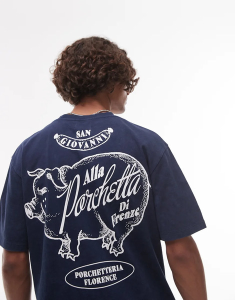  Topman Camiseta Azul Marino Lavado Holgada Con Estampado porchetta En La Parte Delantera Y Trasera De Topman 