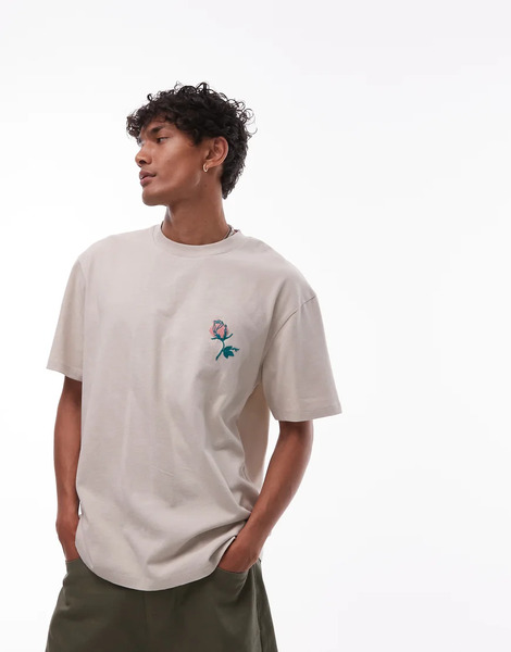  Topman Camiseta Color Piedra Lavado Holgada Con Bordado pack Of Lies En El Pecho Y La Espalda De Topman-neutro 
