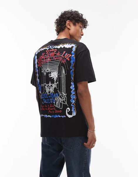  Topman Camiseta Negra Holgada Con Estampado De Póster Francés En La Espalda Y La Parte Delantera De Topman-negro 