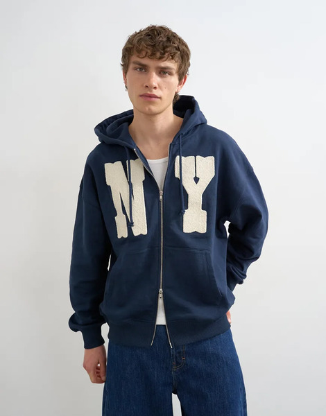  Topman Sudadera Azul Marino De Corte Cuadrado Con Capucha Y Parche ny De Chenilla En La Parte Delantera De Topman 