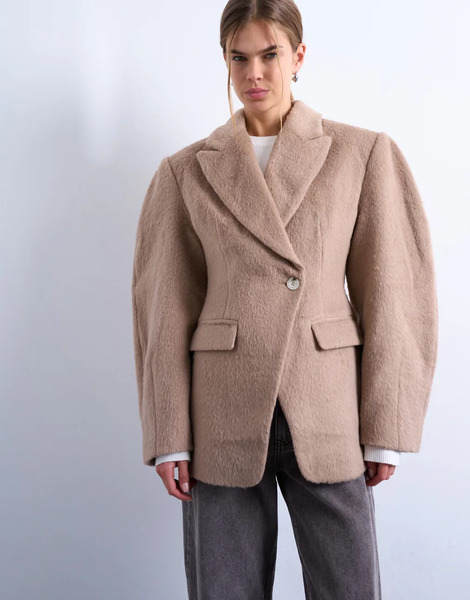  Topshop Abrigo Color Camel Estilo Americana Con Cintura Entallada, Mangas Ovoides Y Acabado Cepillado De Topshop-brown 