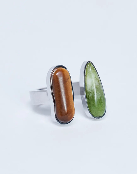  Topshop Anillo Plateado De Acero Inoxidable Con Piedras Semipreciosas Verde Y De Ojo De Tigre Rosie De Topshop 