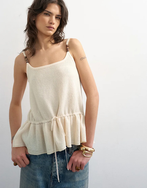  Topshop Topshop - Camiseta Color Marfil Sin Mangas Con Sobrefalda, Cintura Anudada Y Cuentas De Punto-multicolor 