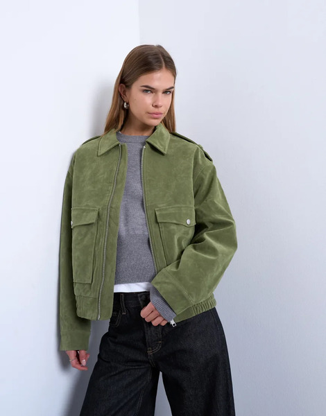 Topshop Chaqueta Bomber Verde Salvia Acolchada Con Detalle De Botones De Presión De Antelina De Topshop-brown 