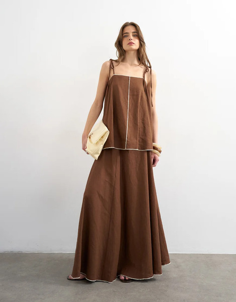  Topshop Falda Larga Marrón Con Ribetes En Contraste De Tejido Rico En Lino De Topshop (parte De Un Conjunto) 