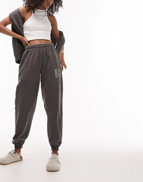  Topshop Joggers Color Carbón Extragrandes Con Lavado Vintage, Estampado new York Collective Y Bajos Ajustados De Topshop (parte De Un Conjunto)-gris 