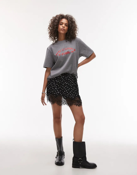  Topshop Minifalda Lencera Monocromática De Satén Con Estampado De Lunares Y Detalle De Encaje De Topshop-negro 