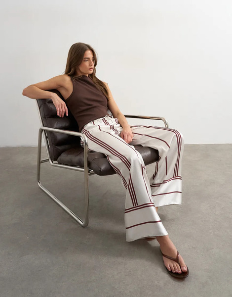  Topshop Topshop - Pantalones Color Marfil Y Chocolate A Rayas De Pernera Ancha Con Lazada En La Cintura De Satén (parte De Un Conjunto)-blanco 