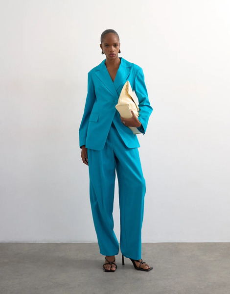  Topshop Topshop - Pantalones Color Turquesa De Corte Barrel Para Ocasiones Especiales De Mezcla De Lino (parte De Un Conjunto)-azul 