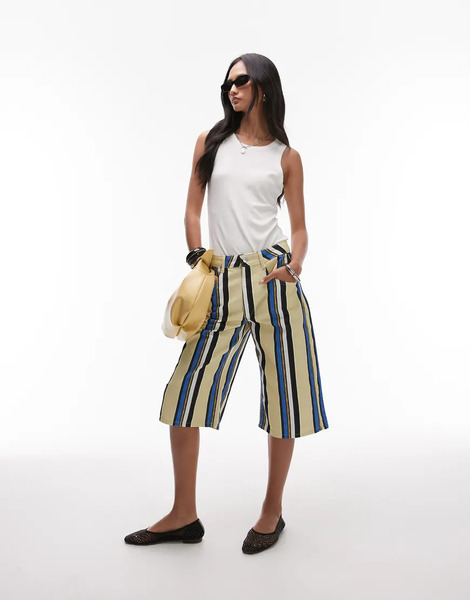  Topshop Pantalones Cortos A Rayas Azules Y Amarillas Estilo Bermudas De Corte Alargado De Sarga De Topshop-multicolor 