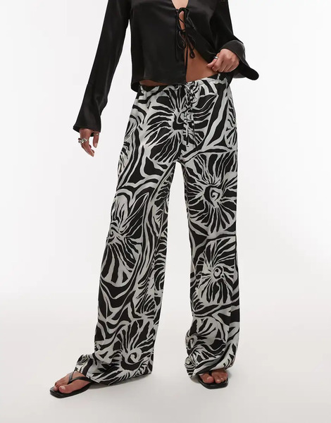  Topshop Pantalones Grises Con Cordón Ajustable Y Estampado Abstracto Monocromático De Conchas De Satén De Topshop-multicolor 