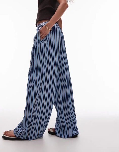 Topshop Pantalones Marrones Y Azules A Rayas De Pernera Ancha Con Lazada En La Cintura De Satén De Topshop (parte De Un Conjunto)-multicolor 