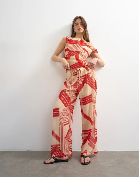  Topshop Pantalones Rojos De Pernera Ancha Con Estampado De Rayas De Chifón De Topshop (parte De Un Conjunto) 