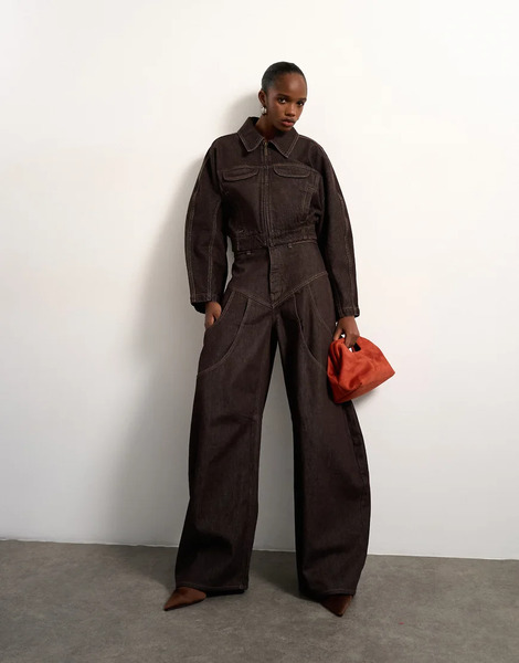  Topshop Vaqueros Marrón Enjuagado De Talle Alto Y Corte Barrel Con Diseño Circular De Tolu Coker X Topshop-brown 