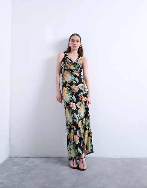  Topshop Vestido Largo Con Estampado Floral Vintage Vibrante, Cuello Desbocado Subido Y Costuras De Topshop-negro 