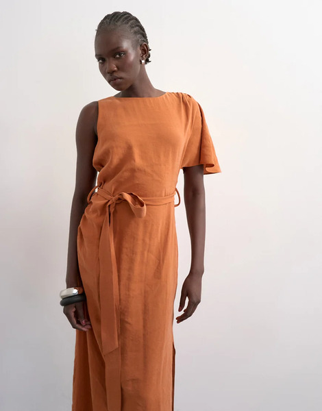 Topshop Vestido Largo Marrón Tostado Con Mangas Asimétricas Y Lazada En La Cintura De Cupro De Topshop-brown 
