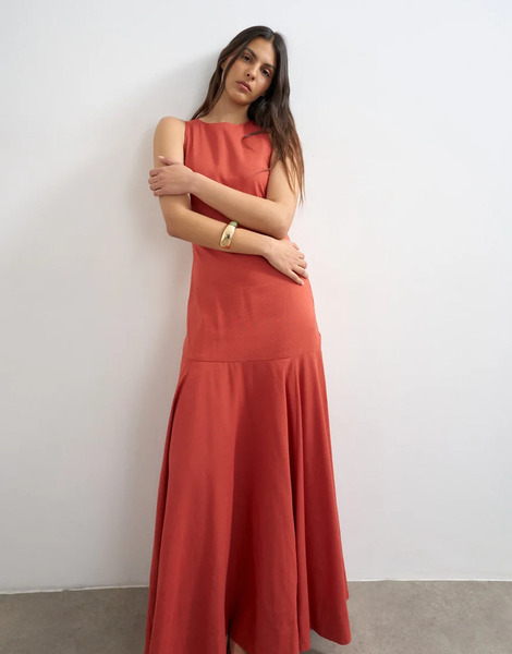  Topshop Topshop - Vestido Midi Burdeos De Corte Circular Amplio Con Cintura Baja De Tejido Rico En Lino-rojo 