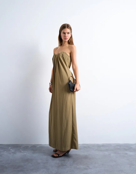  Topshop Vestido Midi Color Arcilla Con Escote Palabra De Honor Y Diseño Estructurado Fruncido En El Pecho De Popelina De Topshop-marrón 