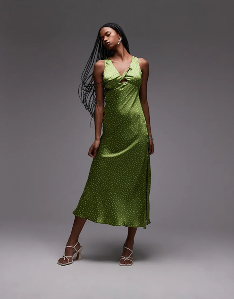  Topshop Vestido Midi Verde Oliva Con Detalle Retorcido En La Parte Delantera Y Estampado De Lunares De Topshop 