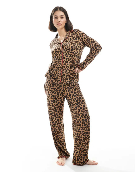  Urban Threads Pijama De Pantalones Y Top De Manga Larga Con Cuello De Solapas Y Estampado De Leopardo De Urban Threads-marrón 