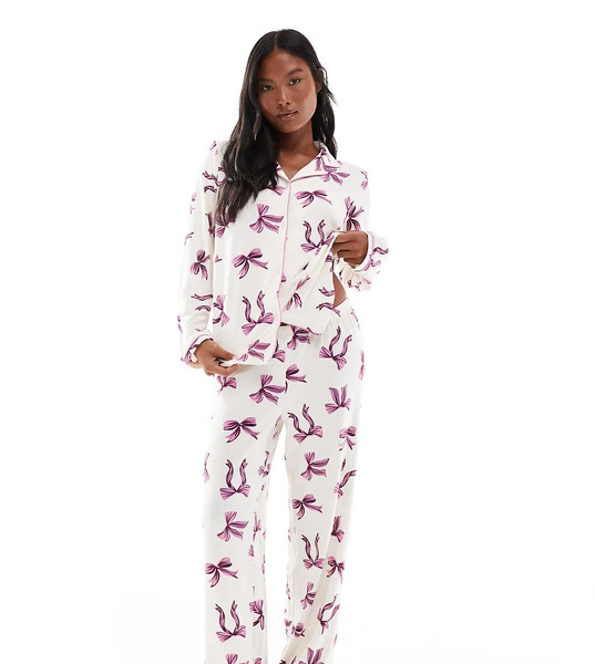  Urban Threads Pijama De Top De Manga Larga Con Cuello De Solapas Y Pantalones Con Estampado De Lazos De Urban Threads Petite-multicolor 