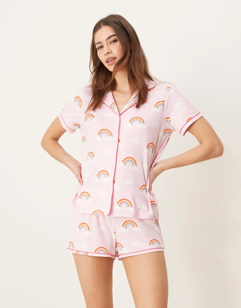  Urban Threads Pijama Rosa De Camisa De Manga Corta Con Solapas Y Pantalones Cortos Con Estampado De Arcoíris De Urban Threads-multicolor 