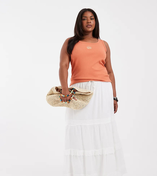  Vero Moda Curve Vero Moda Curve - Falda Larga Blanca Escalonada De Estilo Boho Con Diseño Plisado Y Detalle De Encaje-blanco 