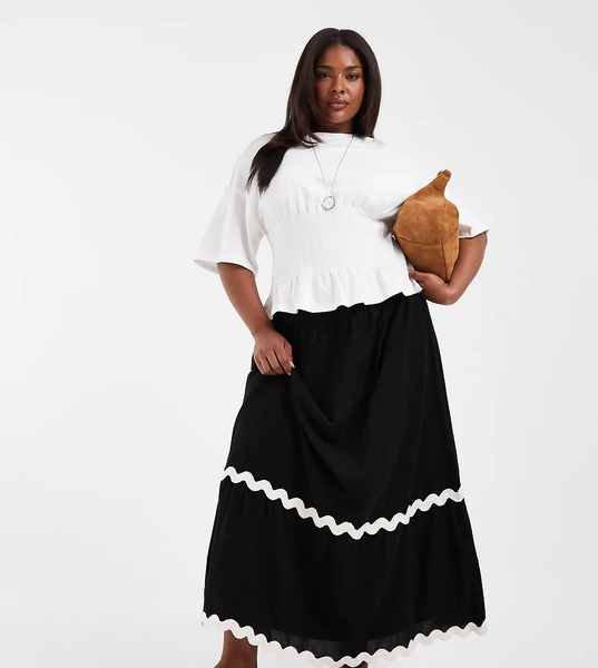  Vero Moda Curve Vero Moda Curve - Falda Larga Negra De Corte Amplio Escalonado Con Ribete Festoneado En Contraste-negro 