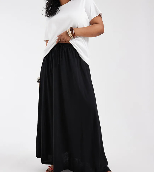  Vero Moda Curve Vero Moda Curve - Falda Larga Negra Escalonada De Estilo Boho Con Lazada En La Cintura De Punto Liso-negro 