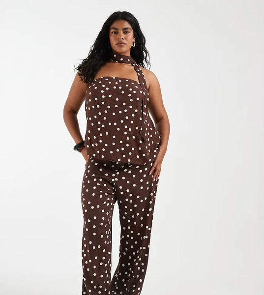  Vero Moda Curve Vero Moda Curve - Pantalones Marrón Chocolate De Pernera Ancha Con Estampado De Lunares Blancos De Tejido Liso (parte De Un Conjunto) 
