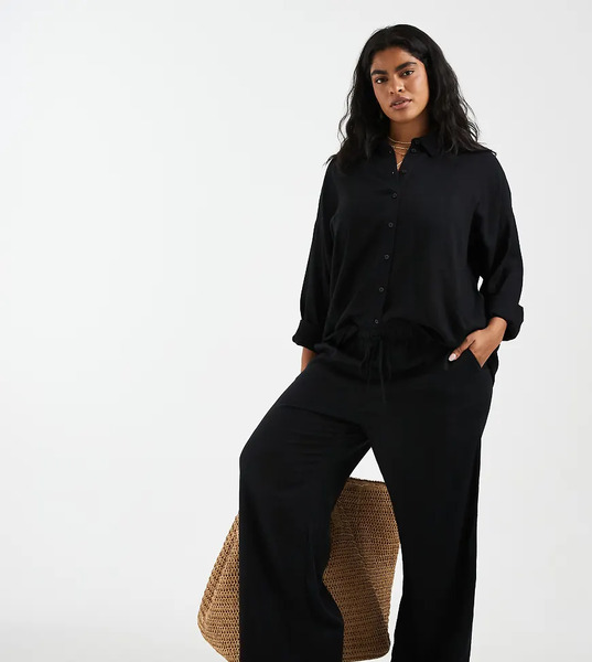  Vero Moda Curve Vero Moda Curve - Pantalones Negros De Pernera Ancha Con Cordón Ajustable En La Cintura De Tejido Efecto Lino 