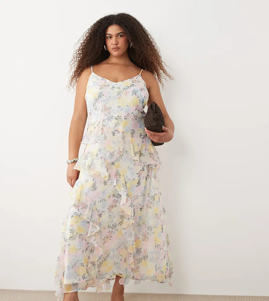  Vero Moda Curve Vero Moda Curve - Smilla - Vestido Midi Rosa Y Amarillo De Tirantes Con Estampado Floral Y Detalle De Volantes De Chifón 