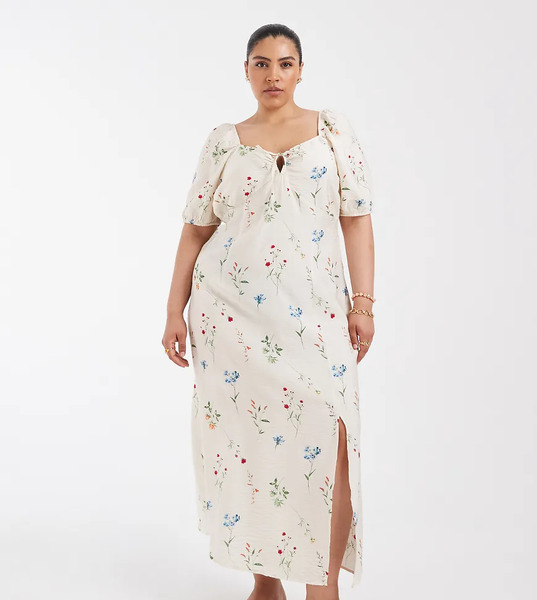  Vero Moda Curve Vestido Largo Color Crema Con Estampado Floral, Mangas Abullonadas Y Detalle De Lazada Delantera De Vero Moda Curve-blanco 