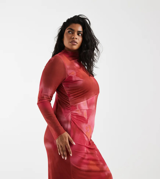  Vero Moda Curve Vero Moda Curve - Vestido Largo Rosa Y Naranja Drapeado De Manga Larga Con Estampado Marmoleado De Malla 