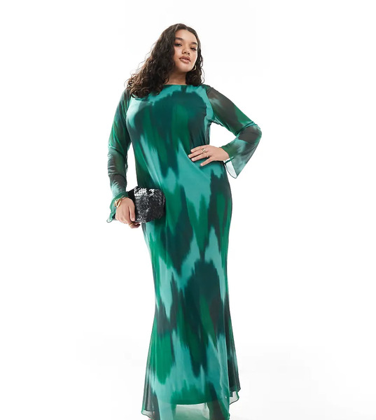  Vero Moda Curve Vestido Largo Verde Oscuro De Manga Larga Con Estampado Abstracto De Malla De Vero Moda Curve-multicolor 