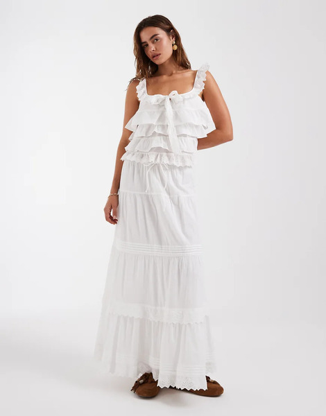  Vero Moda Falda Larga Blanca Escalonada De Estilo Boho Con Diseño Plisado Y Detalle De Encaje De Vero Moda (parte De Un Conjunto)-blanco 